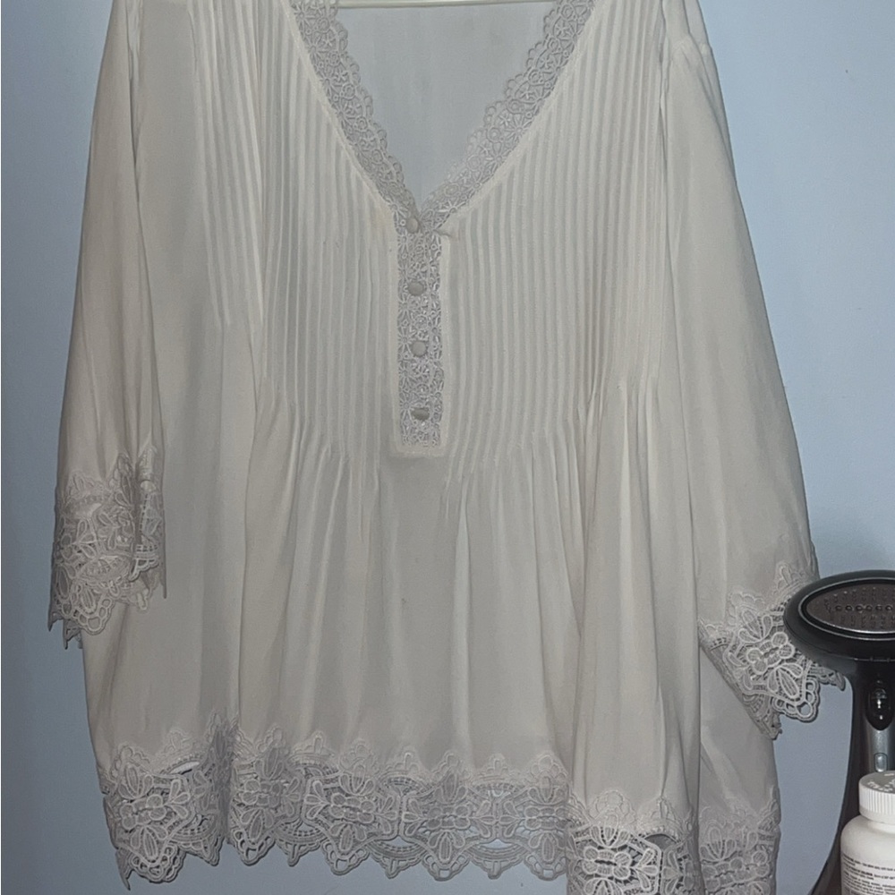 Chelsea & Theodore popover top womens Plus Size 2X white lace trim 3/4 sleeves